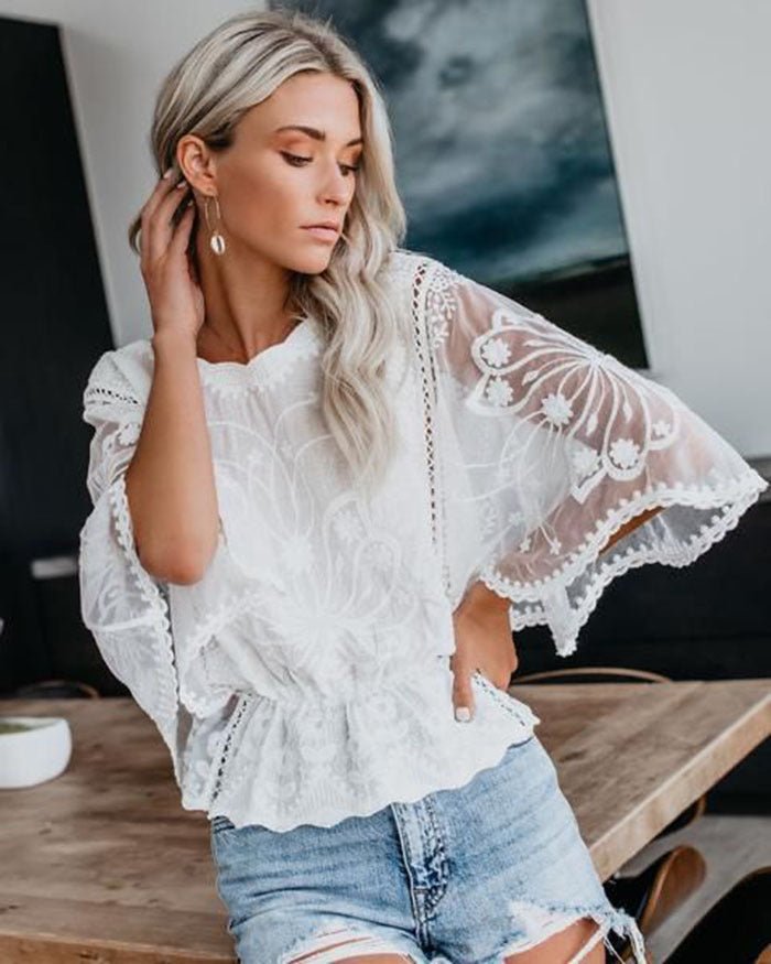Women’s short sleeve batwing shirt with lace trim, casualwear top by FitiqueFit, featuring a relaxed fit and delicate lace detailing.