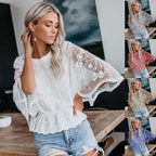 Women’s casual lace trim short sleeve batwing top by FitiqueFit, showcasing a relaxed fit with delicate lace details.