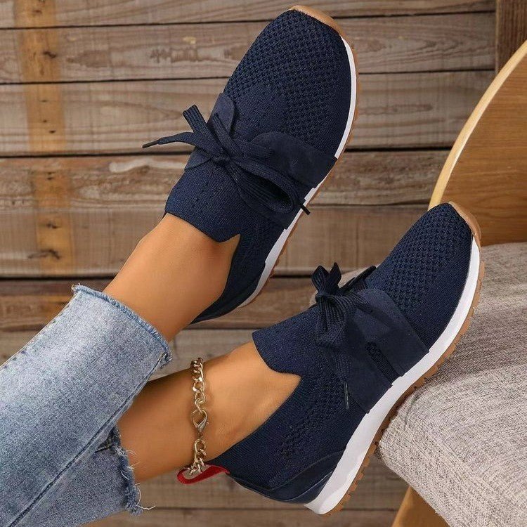 Women’s lace-up mesh walking flats by FitiqueFit, featuring breathable fabric and comfortable slip-on design.
