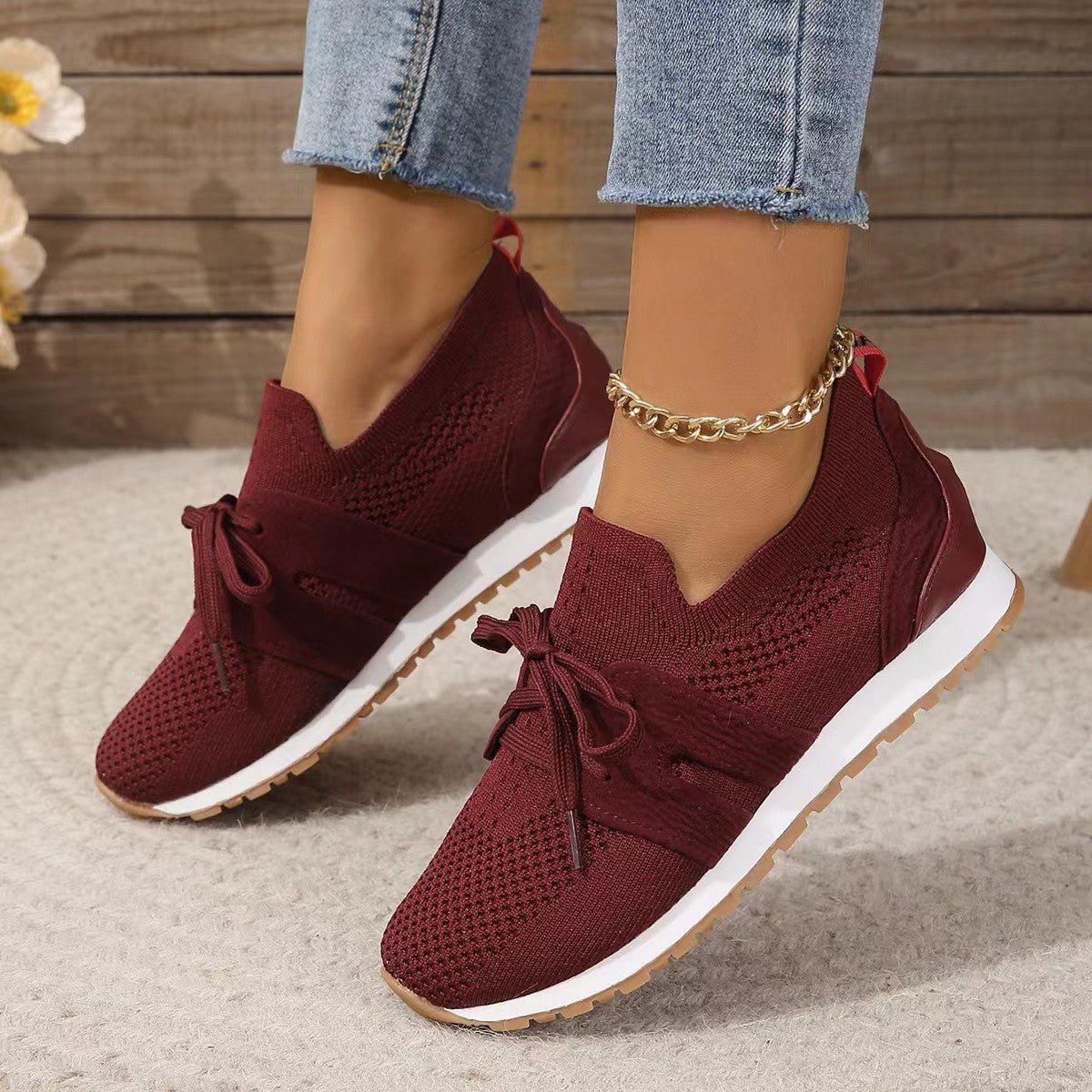Women’s lace-up mesh walking flats by FitiqueFit, showcasing breathable fabric and comfortable flat footwear for everyday wear.
