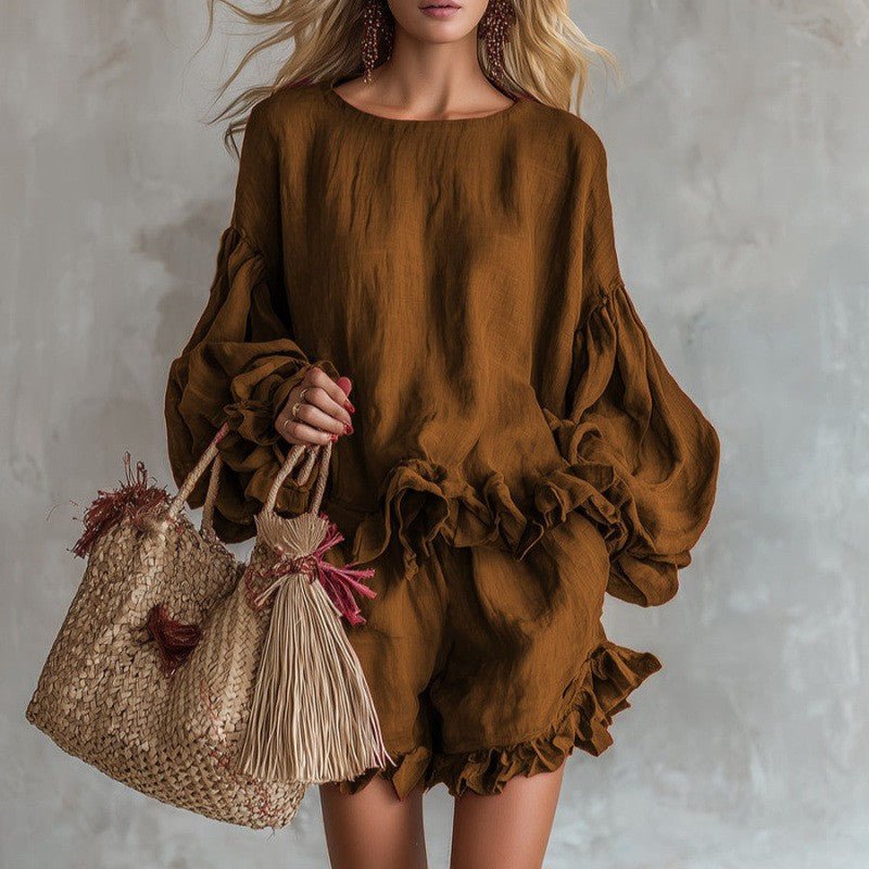 Women’s loose fit lantern sleeve top and shorts two-piece casualwear set by FitiqueFit, shown in a relaxed, stylish fit.