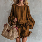 Women’s loose fit lantern sleeve top and shorts two-piece casualwear set by FitiqueFit, shown in a relaxed, stylish fit.