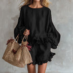 Women's loose fit lantern sleeve top and shorts two-piece casualwear set by FitiqueFit, shown in a relaxed, comfortable style.