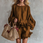 Women's lantern sleeve top and shorts two-piece casualwear set by FitiqueFit, featuring a loose fit and comfortable style.