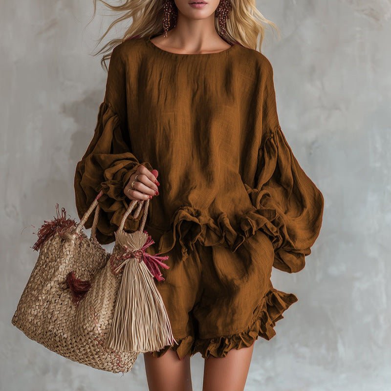 Women's lantern sleeve top and shorts two-piece casualwear set by FitiqueFit, featuring a loose fit and comfortable style.