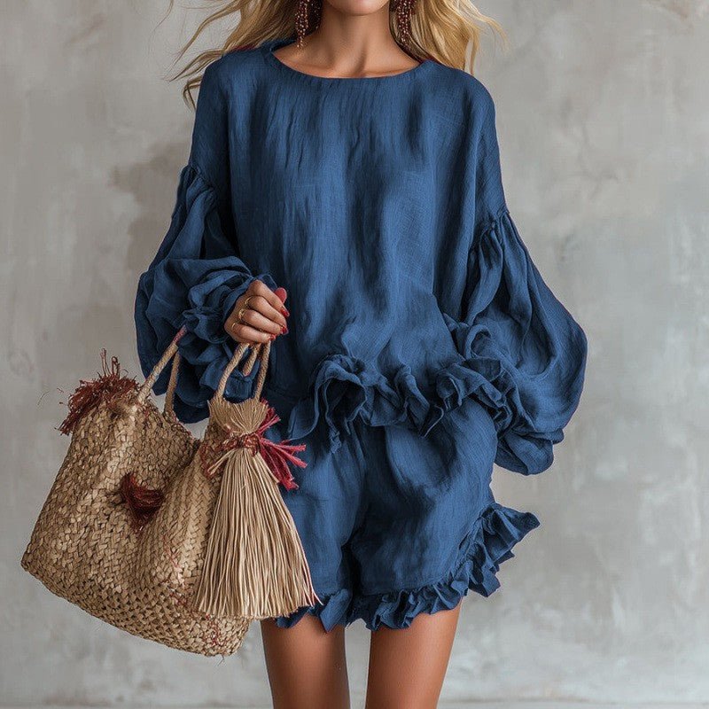 Women's loose-fit lantern sleeve top and shorts two-piece casual set by FitiqueFit, made for comfortable everyday wear.
