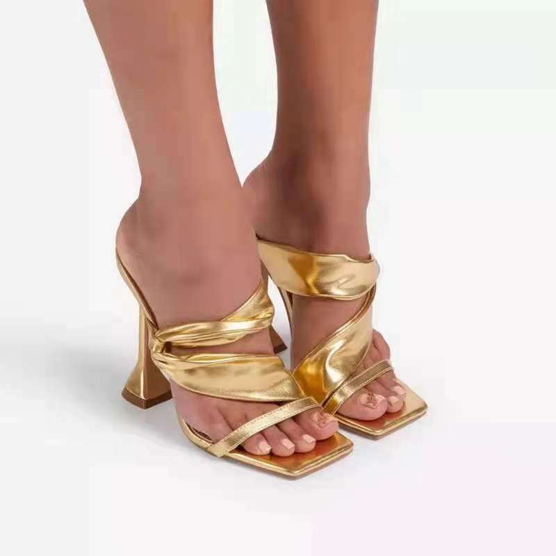 Women's large size golden high heel stiletto slippers with square toe, stylish and comfortable for elegant occasions.