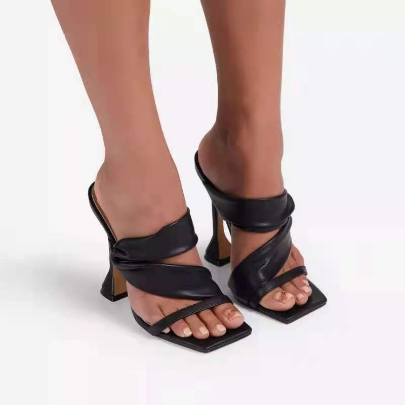 Women's large size high heel stiletto slippers with square toe in gold, stylish and comfortable for fashionable footwear.