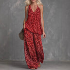 Women’s leopard print sleeveless top and chiffon pants set by FitiqueFit, casualwear with stylish animal print and lightweight fabric.