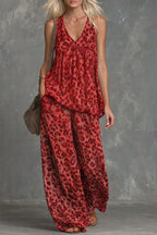 Women’s leopard print sleeveless top and chiffon pants set by FitiqueFit, casualwear ensemble featuring stylish, lightweight fabric.