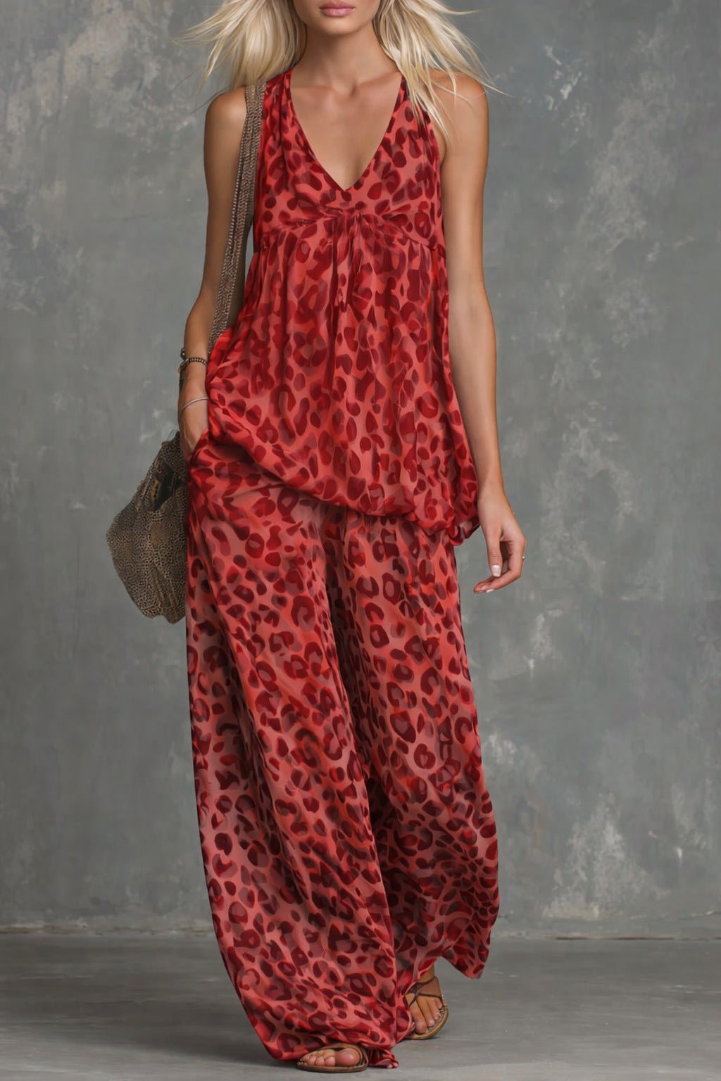 Women’s leopard print sleeveless top and chiffon pants set by FitiqueFit, casualwear ensemble featuring stylish, lightweight fabric.