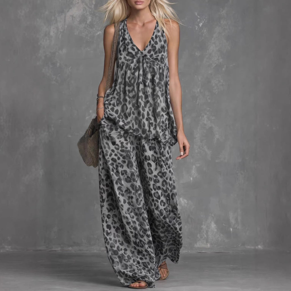Women’s leopard print sleeveless top and chiffon pants set by FitiqueFit, casualwear featuring stylish animal print and lightweight fabric.