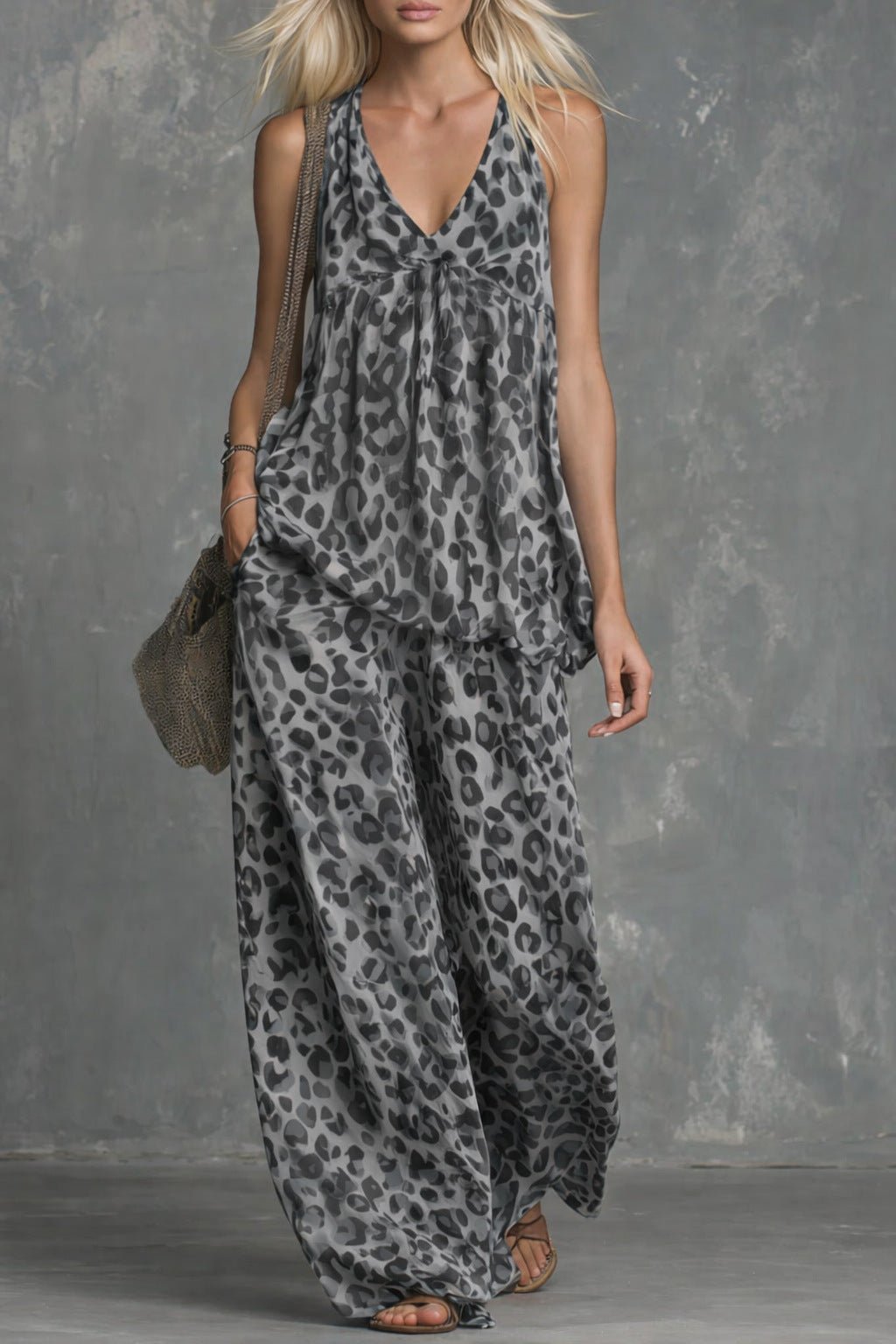 Women’s leopard print sleeveless top and chiffon pants set, casualwear by FitiqueFit, shown on a model with a stylish, relaxed look.
