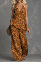 Women’s leopard print sleeveless top and chiffon pants set by FitiqueFit, casualwear ensemble with stylish animal print fabric.
