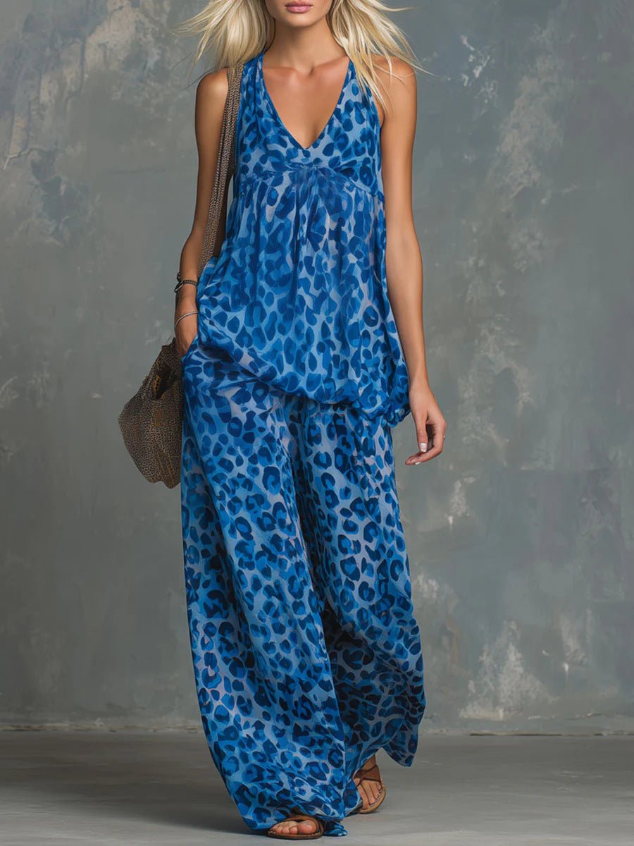 Women’s leopard print sleeveless top and chiffon pants set by FitiqueFit, casualwear, stylish and comfortable for everyday wear.