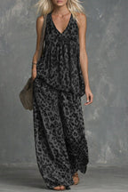 Women's leopard print sleeveless top and chiffon pants set by FitiqueFit, casualwear ensemble with stylish animal print fabric.