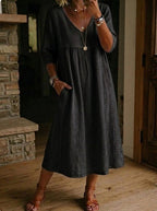 Women's linen cotton V-neck dress by FitiqueFit with lace trim and loose fit in 7 colors, casualwear style.