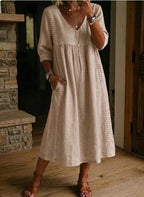 Women's linen cotton V-neck dress by FitiqueFit featuring lace trim and a loose fit, available in 7 colors.