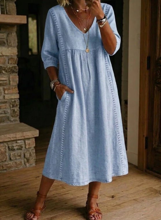 Women's linen cotton V-neck dress by FitiqueFit with lace trim and loose fit, available in 7 colors.