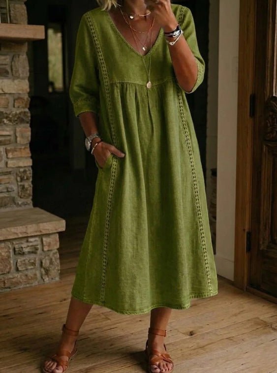 Women's V-neck dress by FitiqueFit featuring lace trim and loose fit in seven colors, perfect for casual wear.