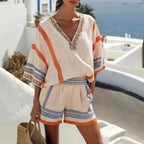 Women's linen striped V-neck top and shorts set by FitiqueFit, casualwear, featuring a relaxed fit and comfortable fabric.