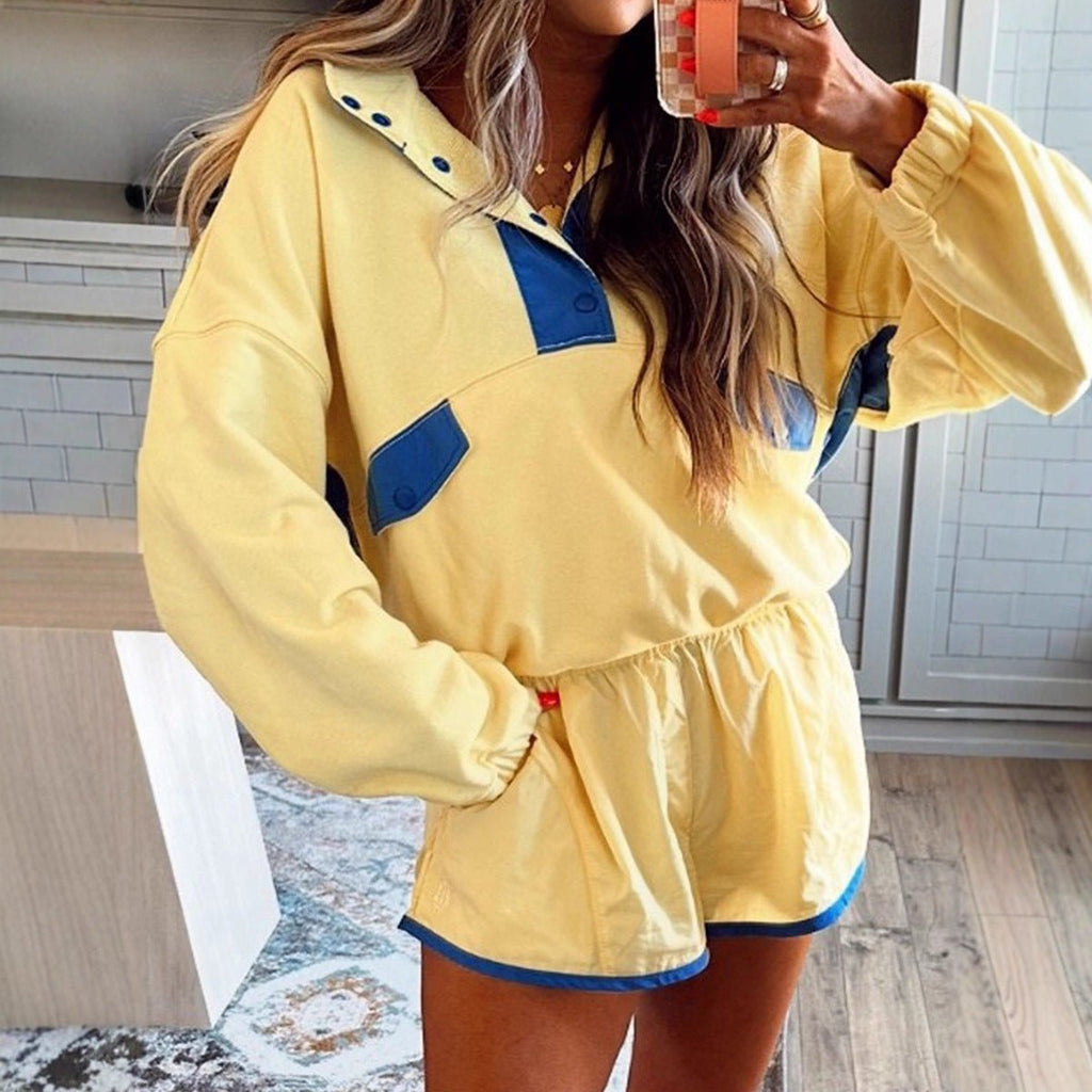 Women's long-sleeve contrast color 2-piece casualwear set with top and cropped pants by FitiqueFit.