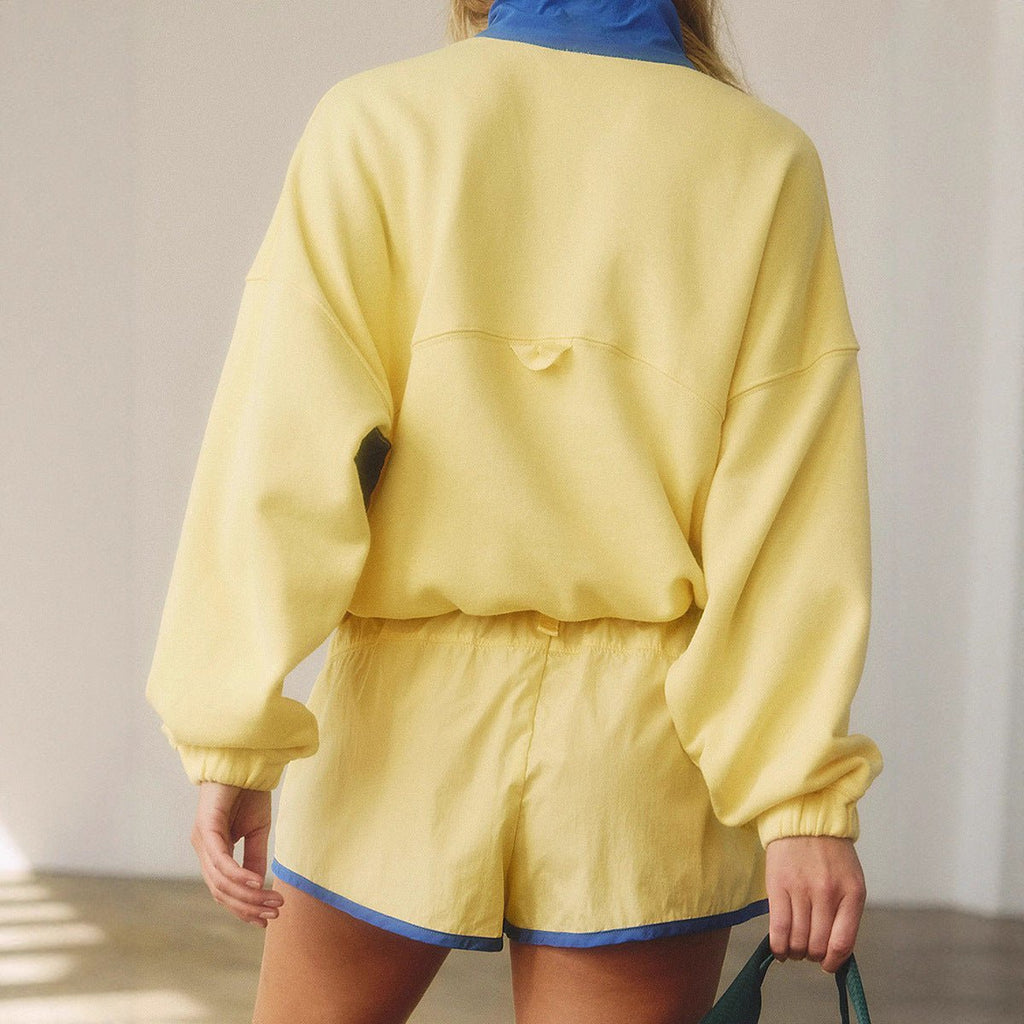 Women's long-sleeve contrast color 2-piece casualwear set with top and cropped pants by FitiqueFit, stylish and comfortable.