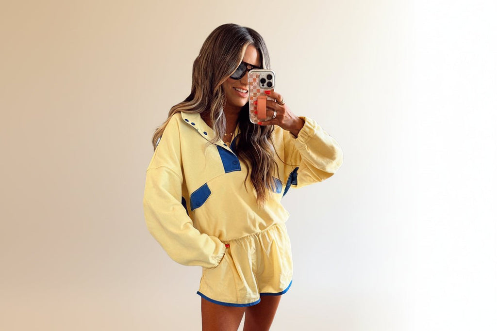 Women's long-sleeve contrast color 2-piece casualwear set with top and cropped pants by FitiqueFit, shown on a model.