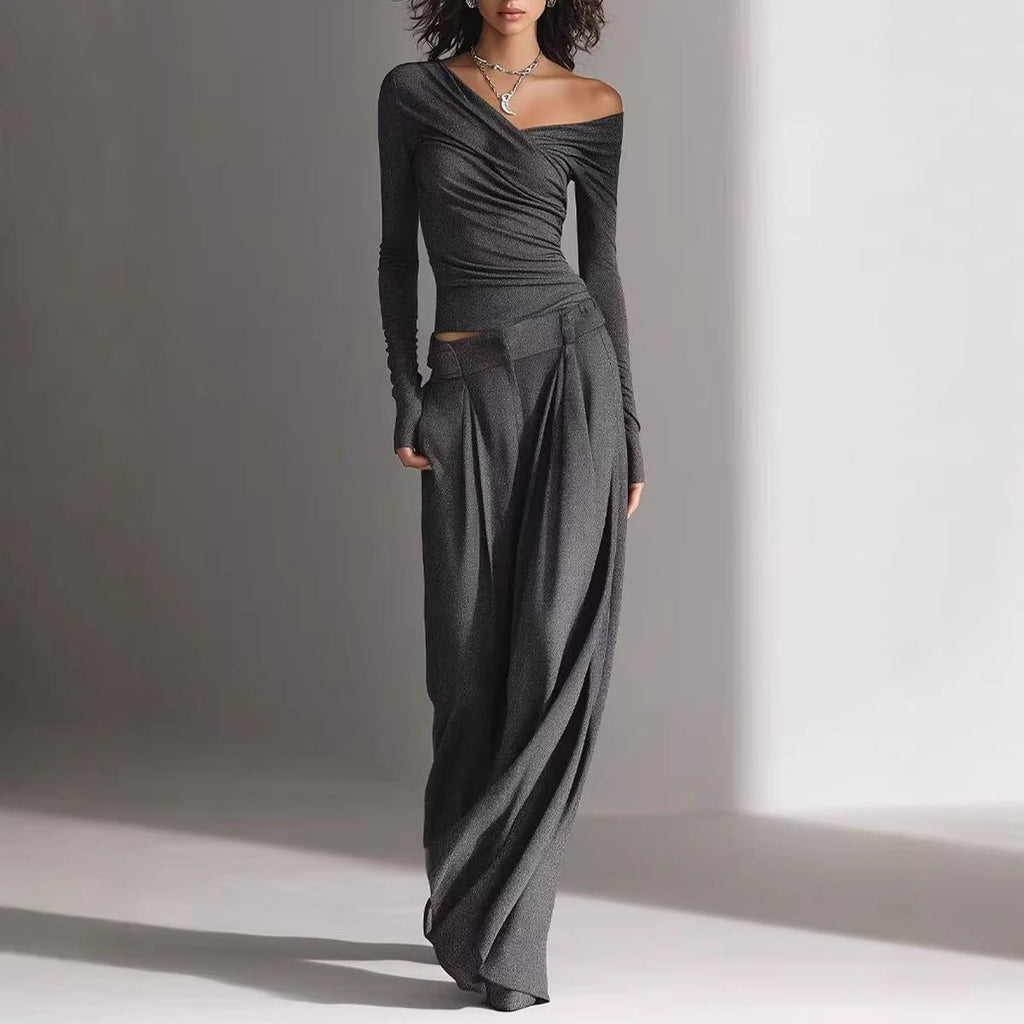 Women's casual long-sleeve pullover top and loose pants set by FitiqueFit, stylish and comfortable 2-piece outfit for everyday wear.