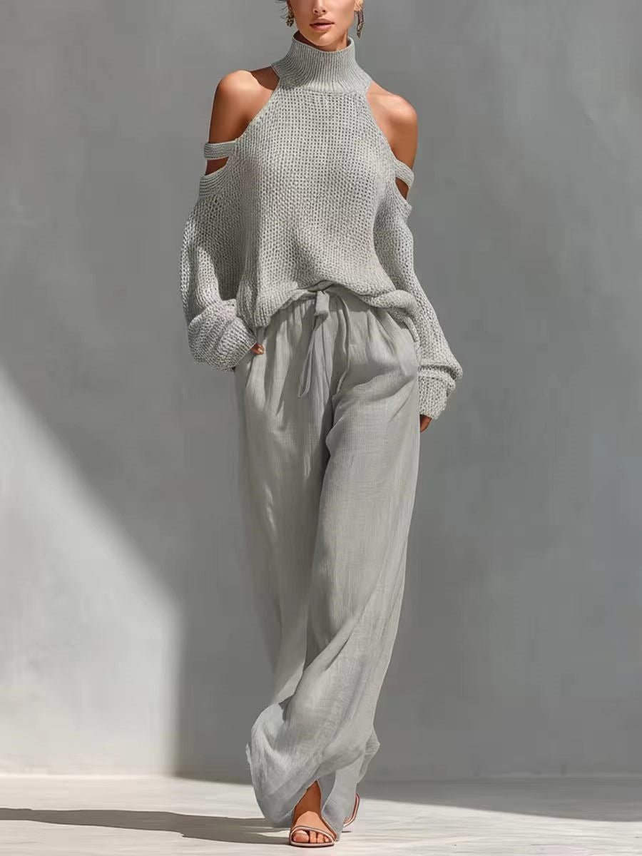Women's long-sleeve turtleneck top and pants set by FitiqueFit, featuring an elegant casualwear 2-piece ensemble.