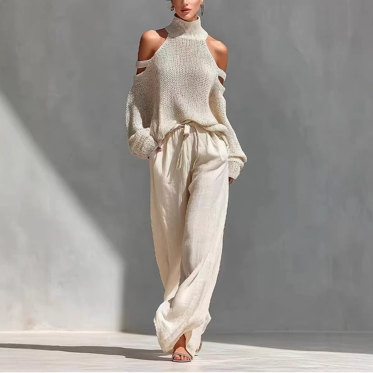 Women's long-sleeve turtleneck top and pants set by FitiqueFit, casualwear, featuring a stylish and elegant 2-piece outfit.
