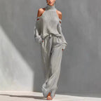Women's long-sleeve turtleneck top and pants set by FitiqueFit, casualwear, elegant 2-piece outfit, comfortable and stylish.