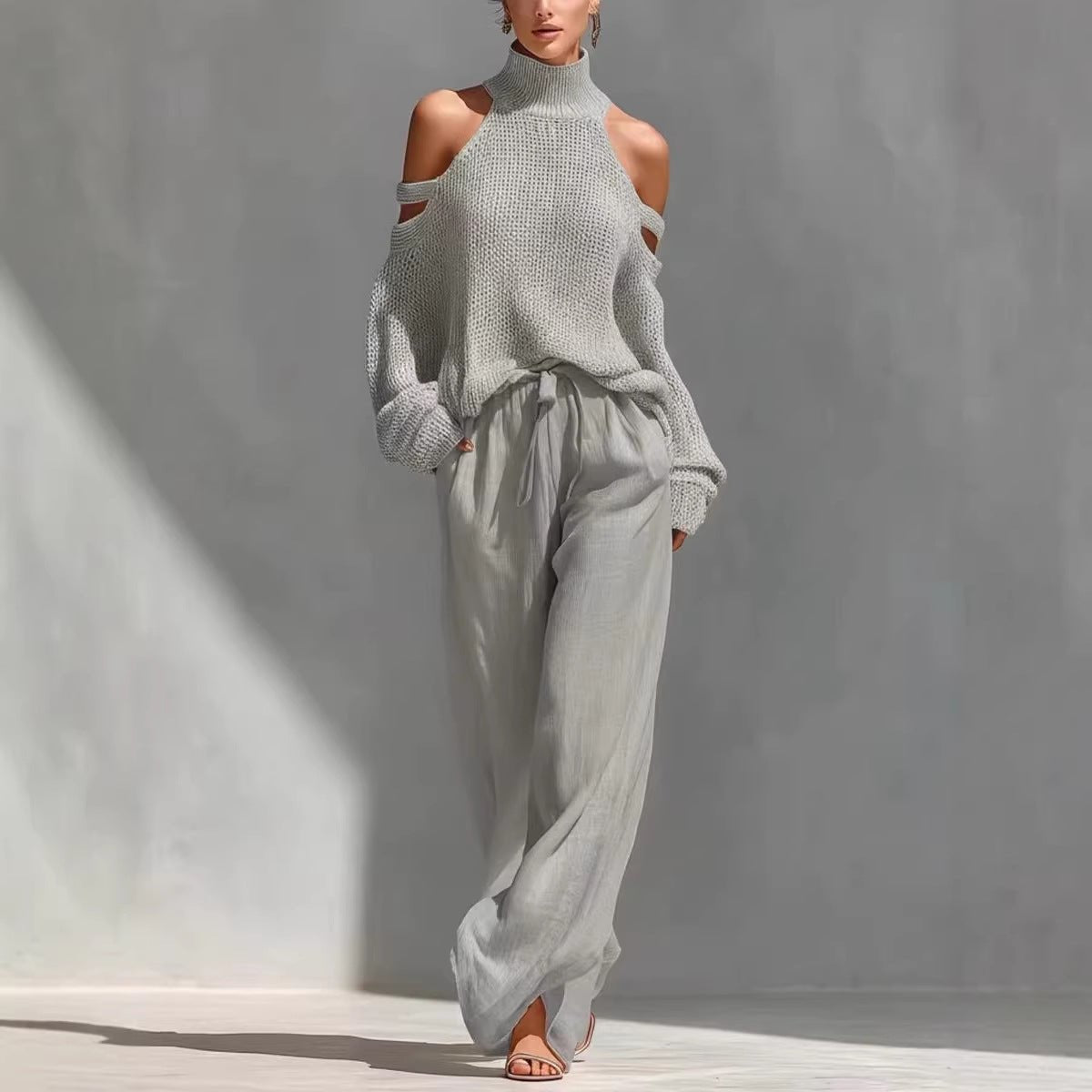 Women's long-sleeve turtleneck top and pants set by FitiqueFit, casualwear, elegant 2-piece outfit, comfortable and stylish.