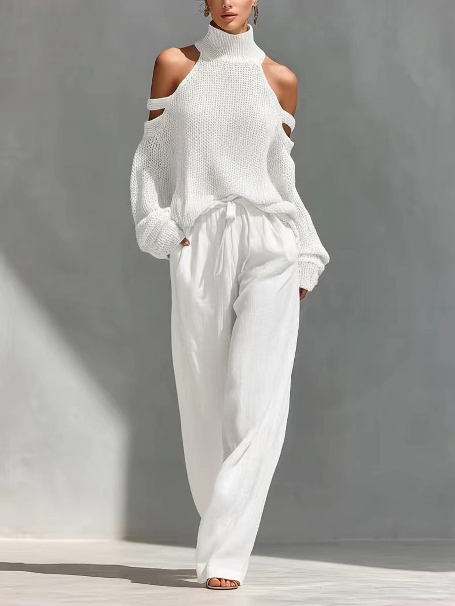 Women's long-sleeve turtleneck top and pants set by FitiqueFit, casualwear, elegant 2-piece outfit for a stylish, comfortable look.