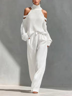 Women's long-sleeve turtleneck top and pants set by FitiqueFit, casualwear, elegant 2-piece outfit for a stylish, comfortable look.