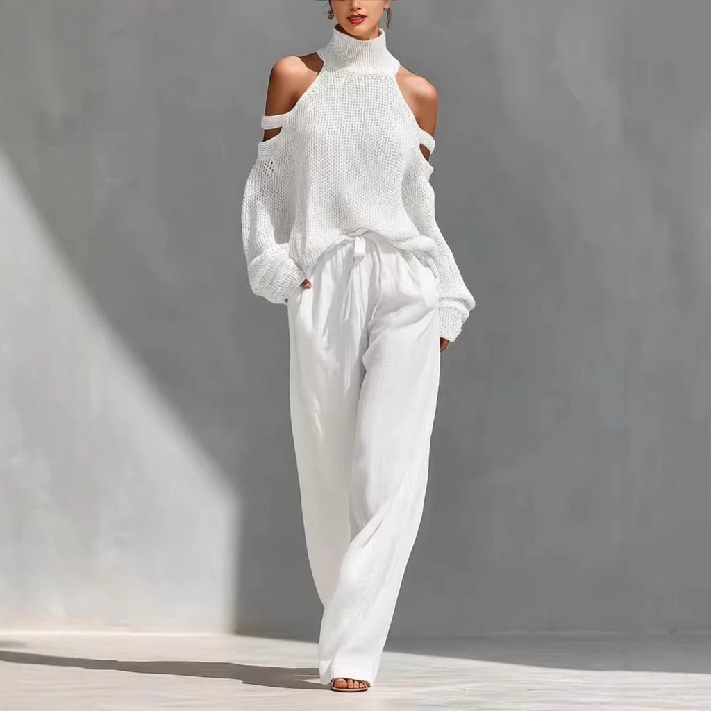 Women's long-sleeve turtleneck top and pants set by FitiqueFit, casualwear with an elegant, stylish 2-piece design.