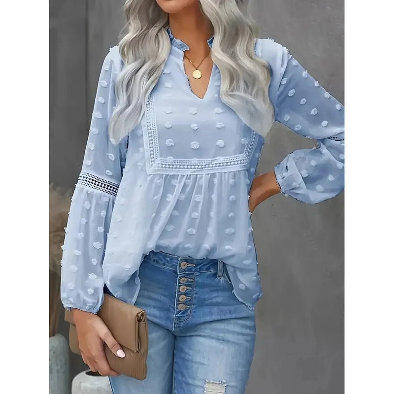 Women's long-sleeve V-neck business casual blouse by FitiqueFit, shown in a stylish, comfortable design perfect for office wear.