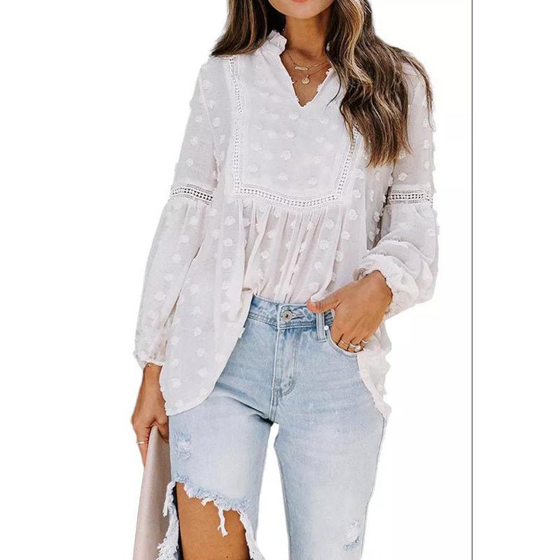 Women’s long-sleeve V-neck business casual blouse by FitiqueFit, shown in a comfortable, stylish fit for professional or casual wear.