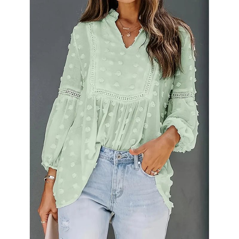Women’s long-sleeve V-neck business casual blouse by FitiqueFit, shown in a relaxed fit with a soft fabric finish.