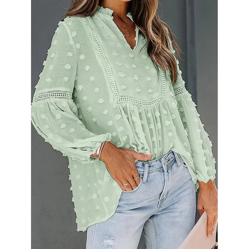 Women’s long-sleeve V-neck casual blouse by FitiqueFit, featuring a relaxed fit and classic design for business casual wear.