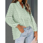 Women’s long-sleeve V-neck casual blouse by FitiqueFit, featuring a relaxed fit and classic design for business casual wear.