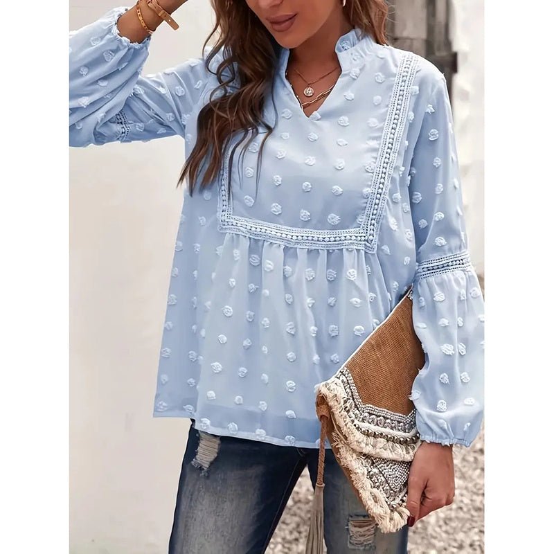 Women's long-sleeve V-neck business casual blouse by FitiqueFit, shown in a light fabric with a relaxed fit.
