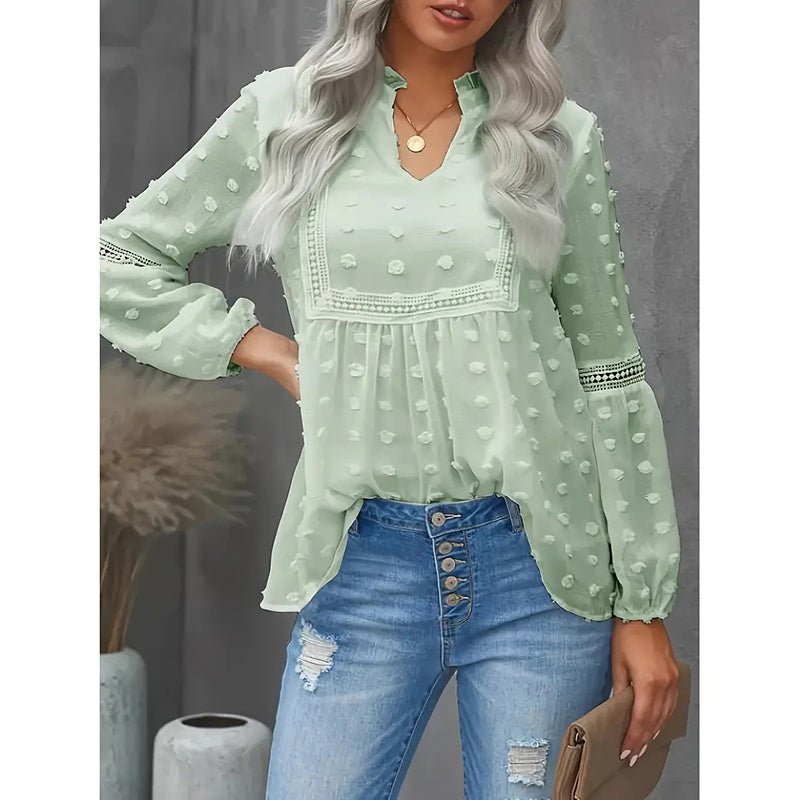 Women’s long-sleeve V-neck business casual blouse by FitiqueFit, featuring a relaxed fit and versatile style for professional wear.