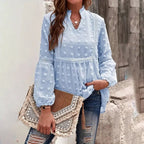 Women’s long-sleeve V-neck business casual blouse by FitiqueFit, shown in a relaxed fit with a classic V-neck design.