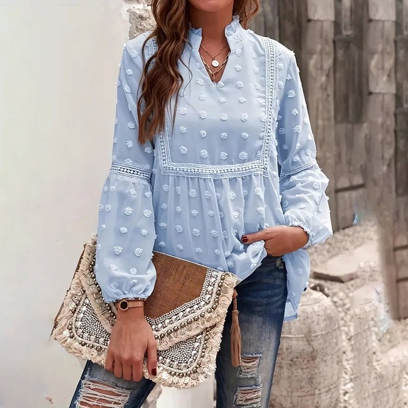 Women’s long-sleeve V-neck business casual blouse by FitiqueFit, shown in a relaxed fit with a classic V-neck design.