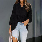 Women’s long-sleeve V-neck business casual blouse by FitiqueFit, shown in a relaxed fit with a classic V-neck style.