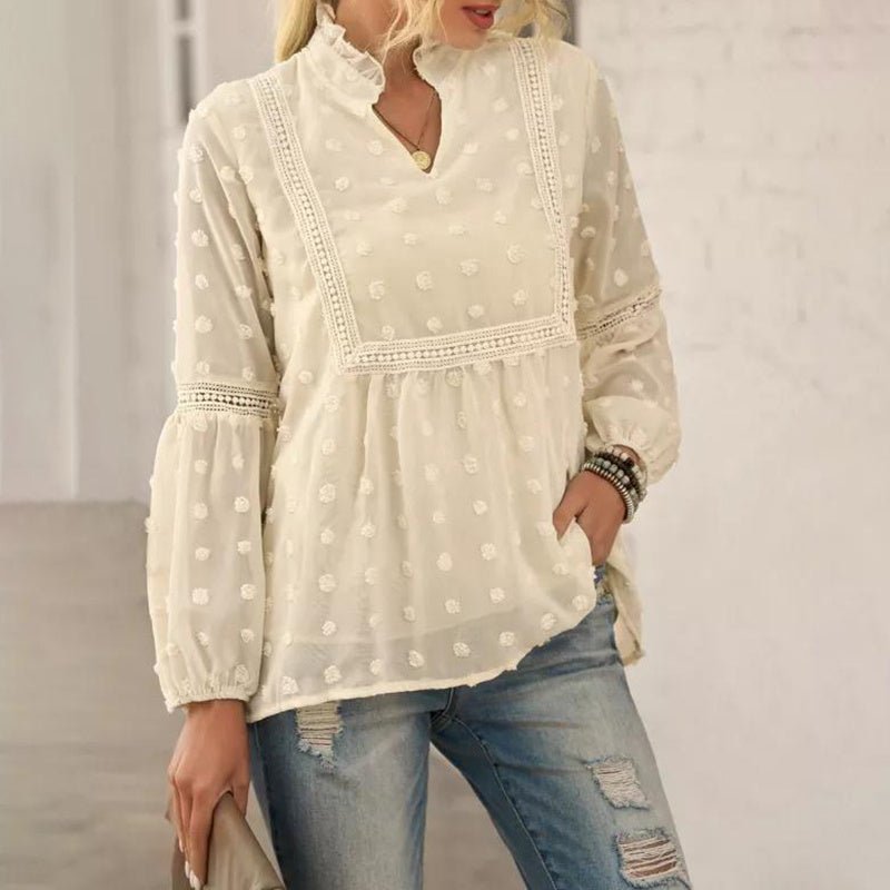 Women's long-sleeve V-neck business casual blouse by FitiqueFit, shown in a soft fabric with a relaxed fit and classic design.
