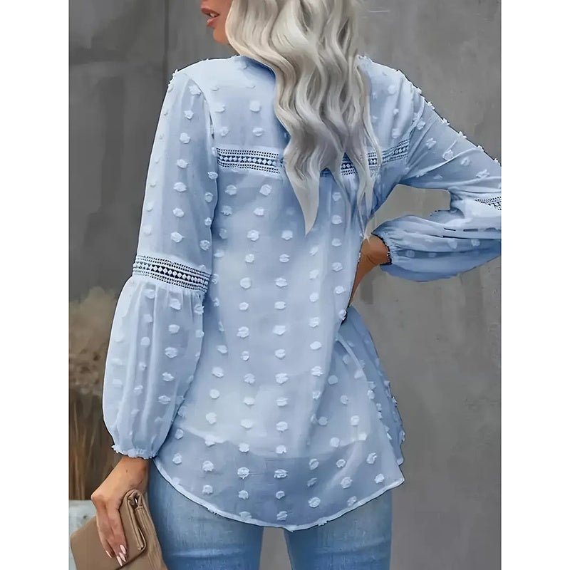 Women’s long-sleeve V-neck business casual blouse by FitiqueFit, shown on a model with a relaxed fit and soft fabric.