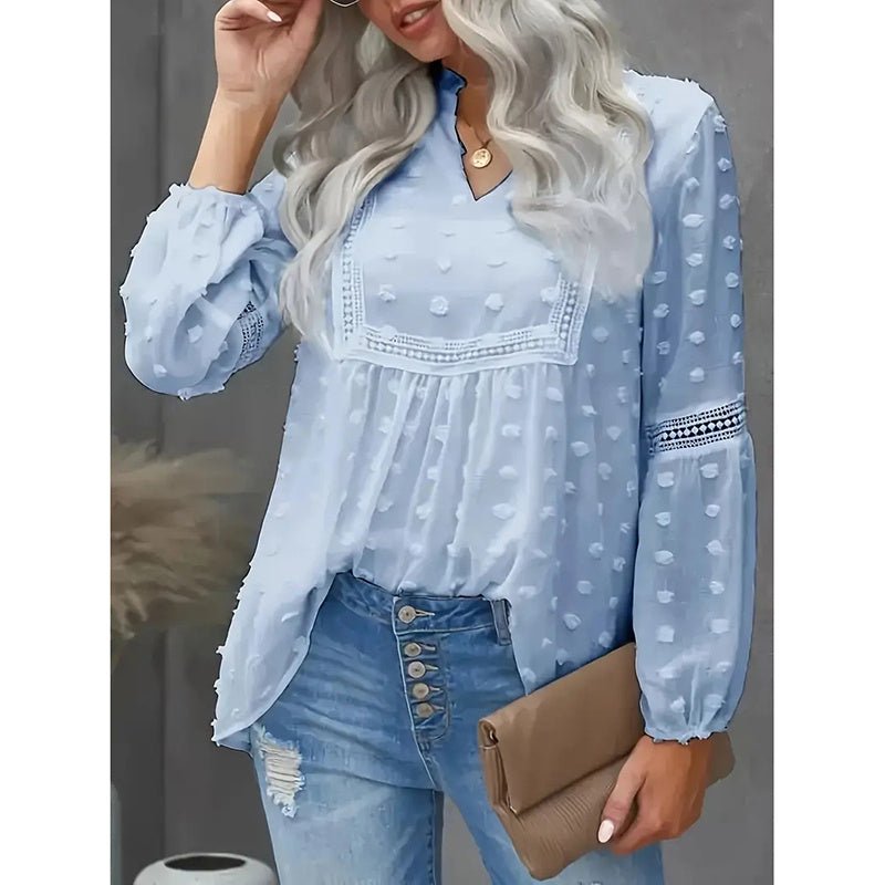 Women’s long-sleeve V-neck business casual blouse by FitiqueFit, shown in a versatile, fitted style with subtle fabric details.