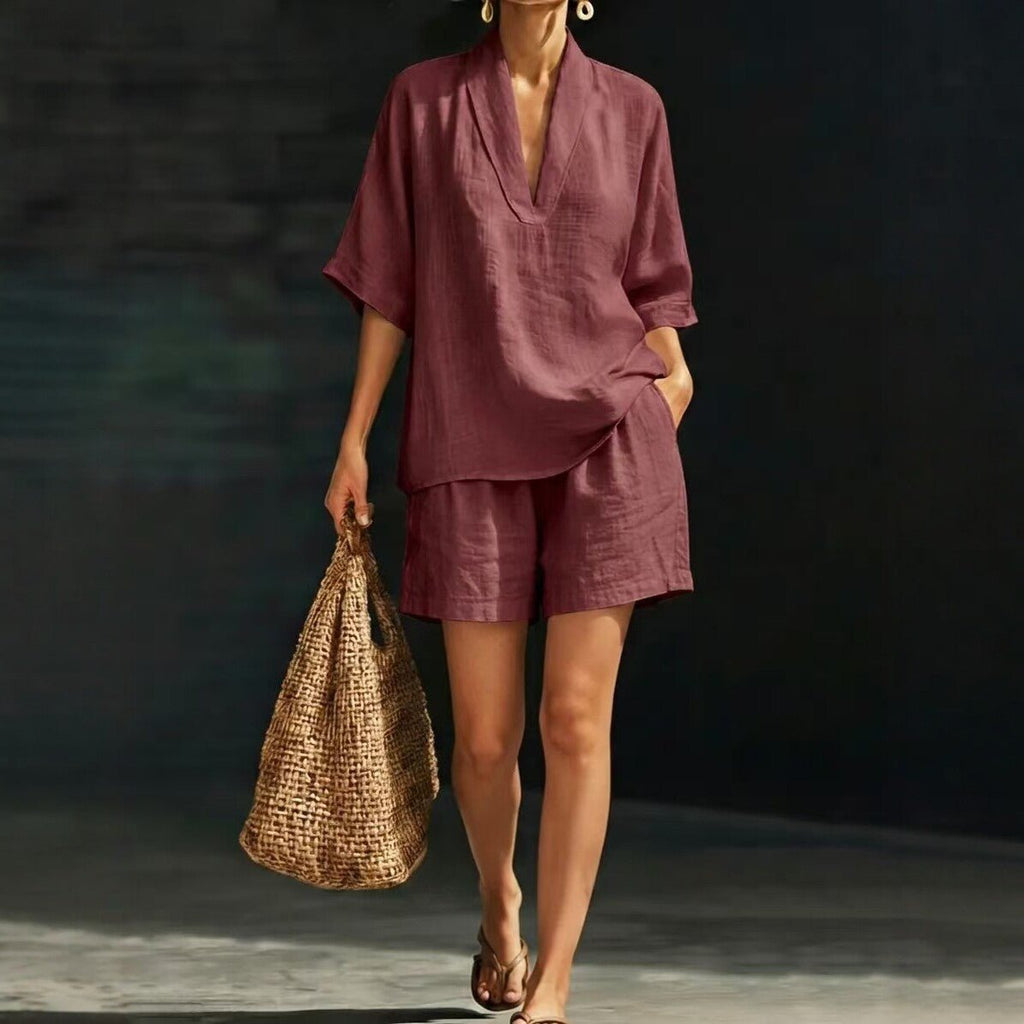 Women's loose batwing sleeve two-piece set by Plush Fashion Hub, casual summer beach outfit with relaxed fit and lightweight fabric.